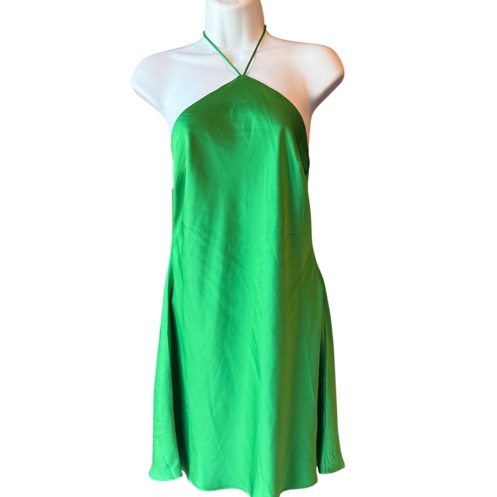 Beige Botany Halter Neck Satin Slip Dress Open Back A Line Green Size Medium